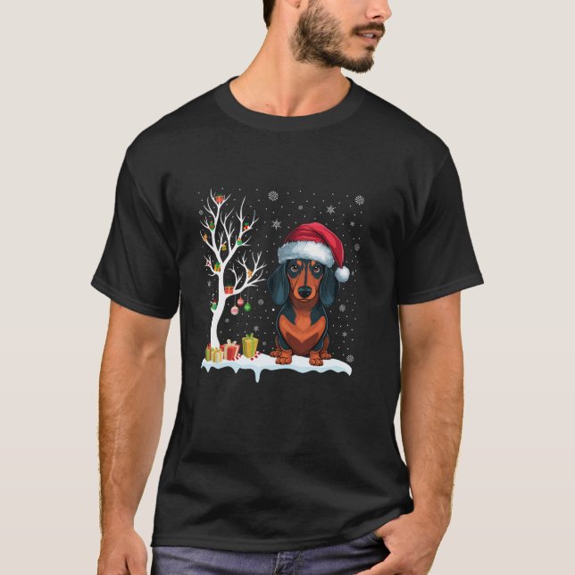 Camiseta Dachshund Perro Santa Hat Árbol festivo Christine (Anverso)