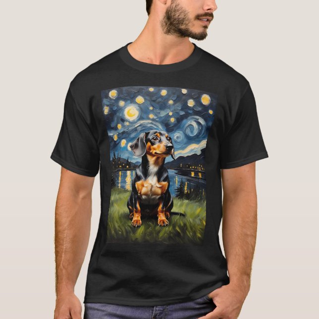 Camiseta Dachshund perro Starry Night , estilo Edvard Munch (Anverso)