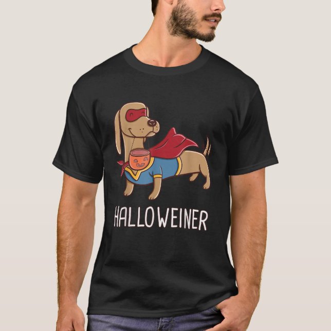 Camiseta Dachshund perro superhéroe Feliz Halloweiner Feliz (Anverso)