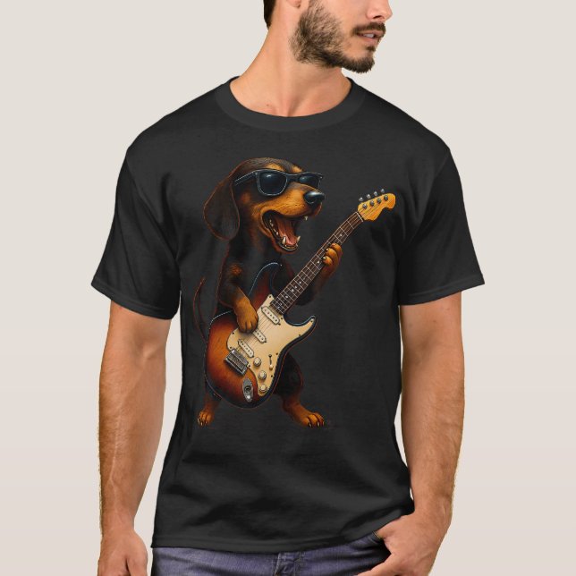 Camiseta Dachshund Playing Guitar Rock Music Dog Lover Pet  (Anverso)