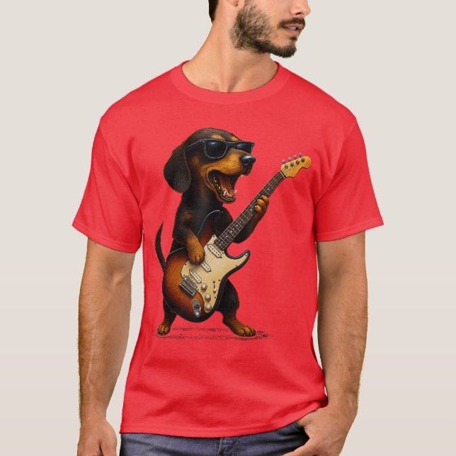Camiseta Dachshund Playing Guitar Rock Music Dog Lover Pet  (Anverso)