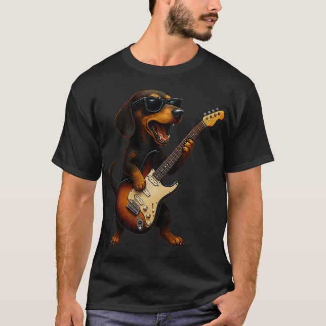 Camiseta Dachshund Playing Guitar Rock Music Dog Lover Pet  (Anverso)