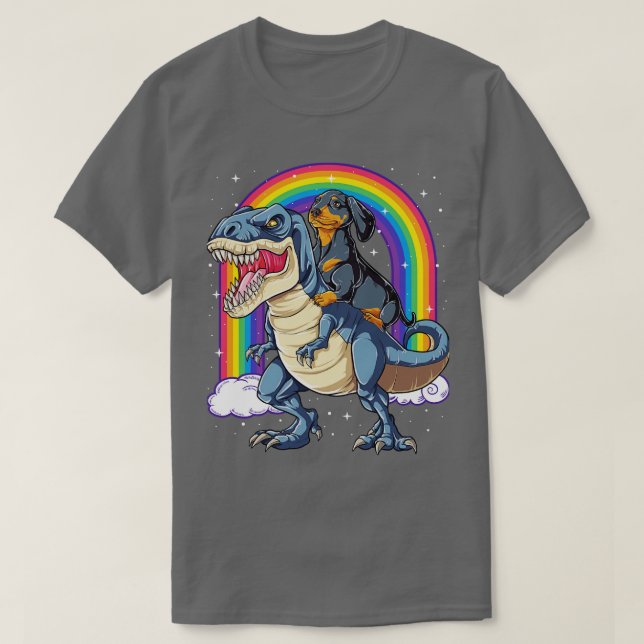 Camiseta Dachshund Riding Dinosaur T rex for Men Women Boys (Diseño del anverso)