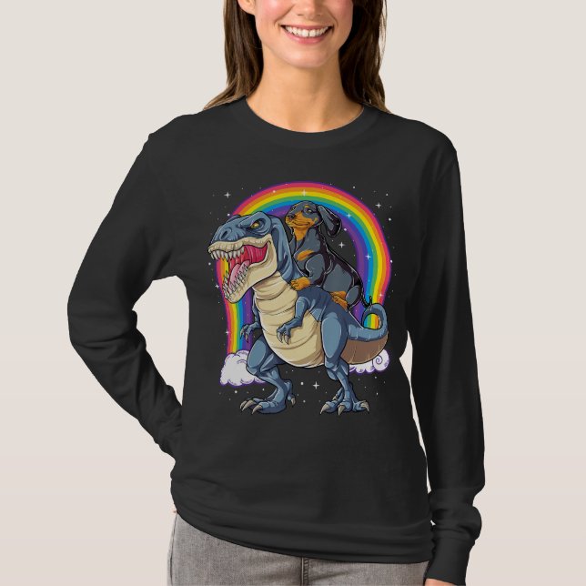 Camiseta Dachshund Riding Dinosaur T Rex Regalos Niños Me (Anverso)