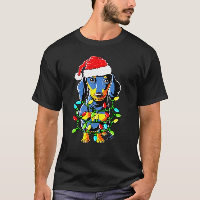 Camiseta Dachshund Santa Christmas Tree enciende la Navidad (Anverso)