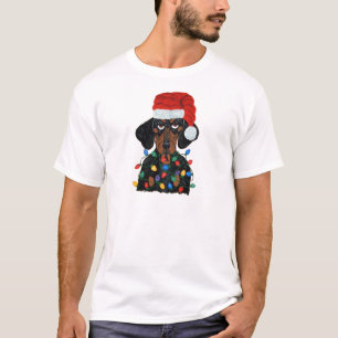 Camiseta Dachshund Santa enredado en luces de navidad