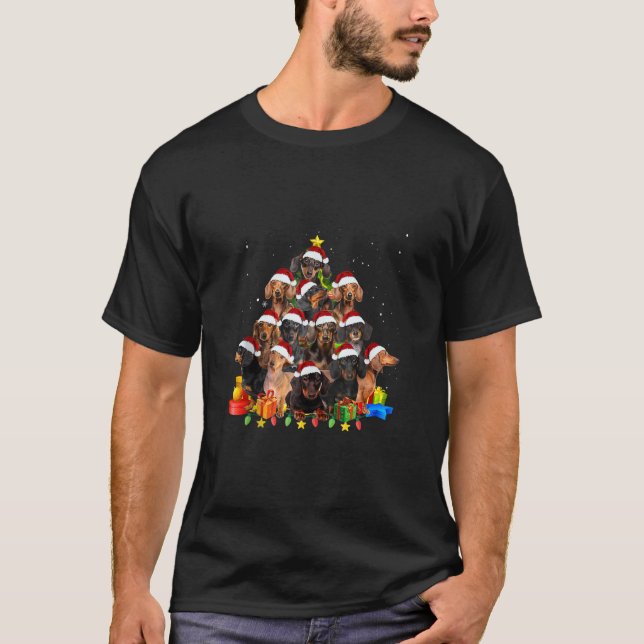 Camiseta Dachshund Santa Hat Árbol de Navidad enciende perr (Anverso)