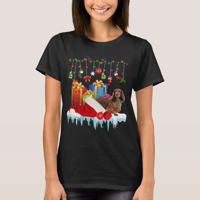 Camiseta Dachshund Santa Hat Christmas Lights  Box (Anverso)