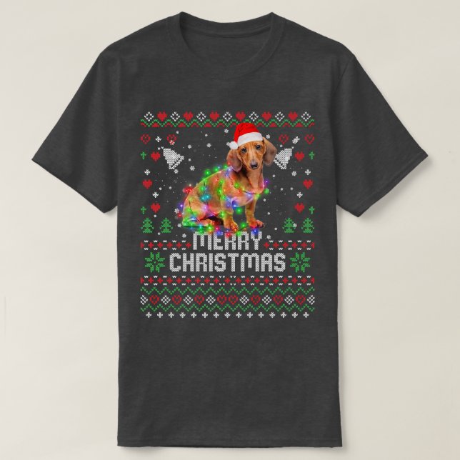 Camiseta Dachshund Santa Hat Perro Árbol de Navidad enciend (Diseño del anverso)