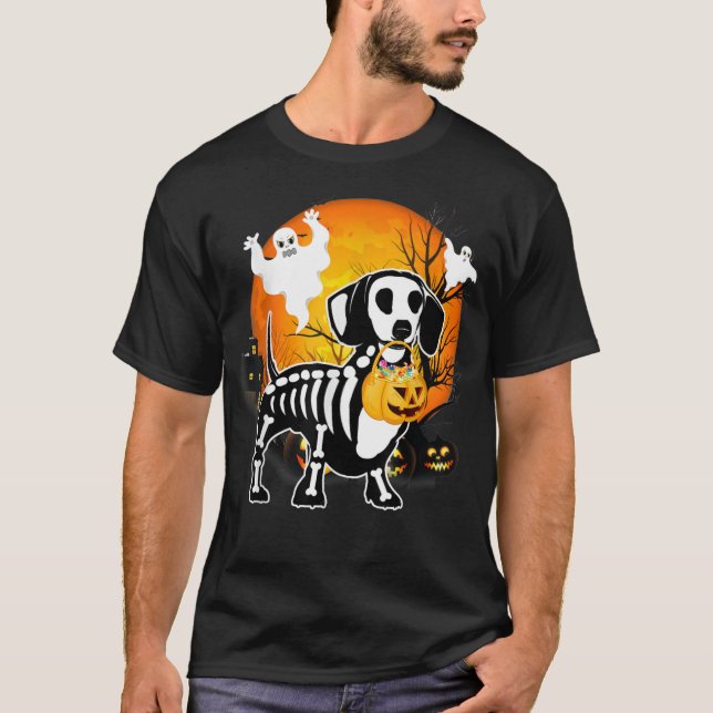 Camiseta Dachshund Skeleton Halloween Feliz Calabaza (Anverso)
