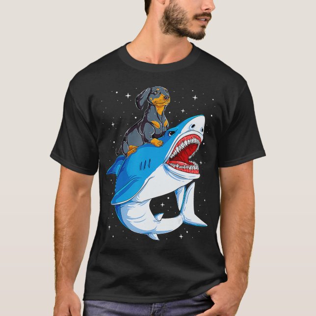 Camiseta Dachshund Tiburones Niños Hombres Galaxy Jawsome (Anverso)