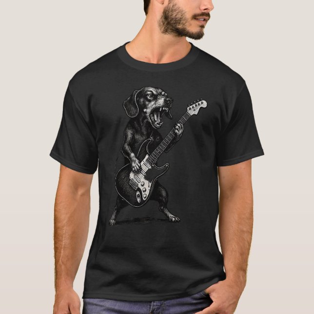 Camiseta Dachshund tocando guitarra eléctrica (Anverso)