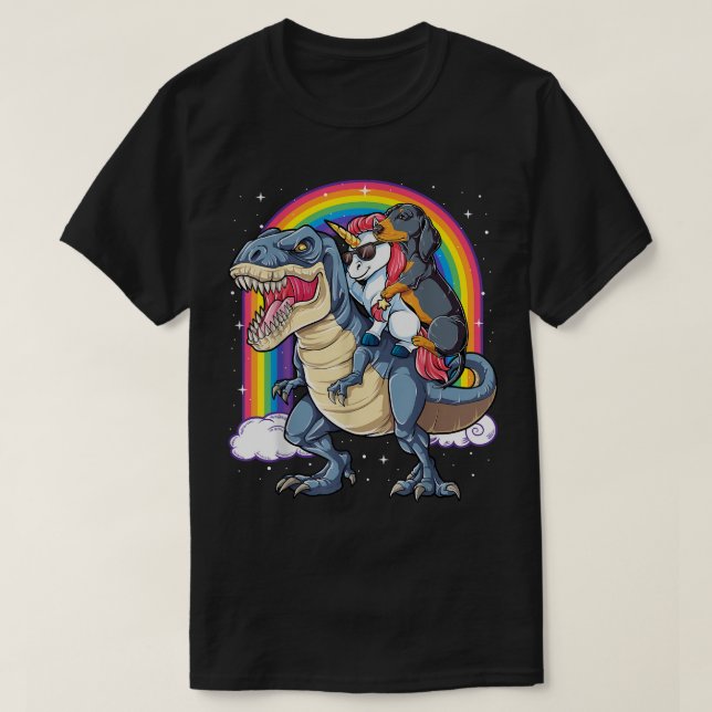 Camiseta Dachshund Unicornio Montando Dinosaurio T son rega (Diseño del anverso)