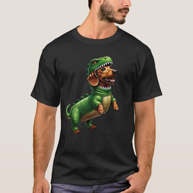 Camiseta Dachshund Wearing Dinosaur Outfit Funny Dog Lover (Anverso)