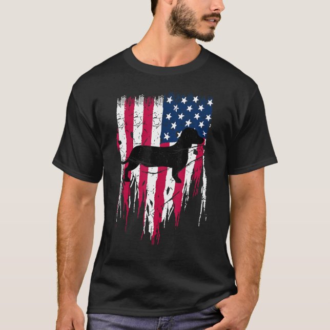 Camiseta Dachshund Weiner Bandera Estadounidense 4 De Julio (Anverso)