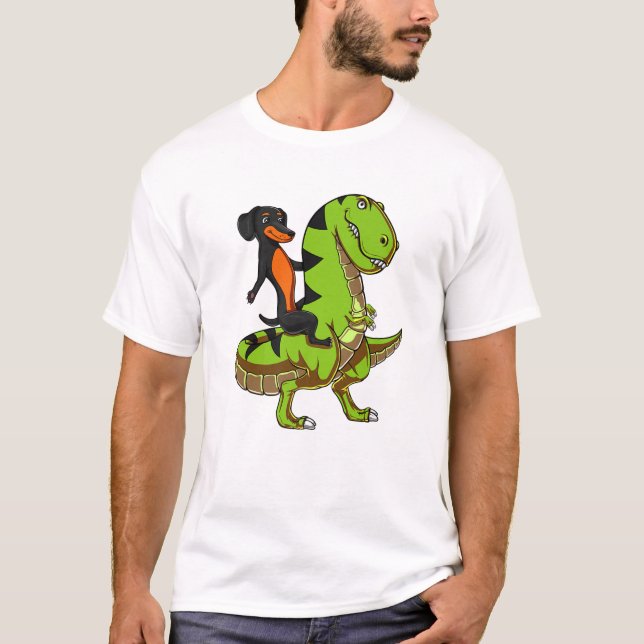 Camiseta Dachshund Wiener Perro montando Rex Dinosaur Hombr (Anverso)