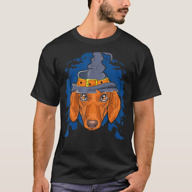Camiseta Dachshund Witch Halloween Sausage Wiener Dog (Anverso)