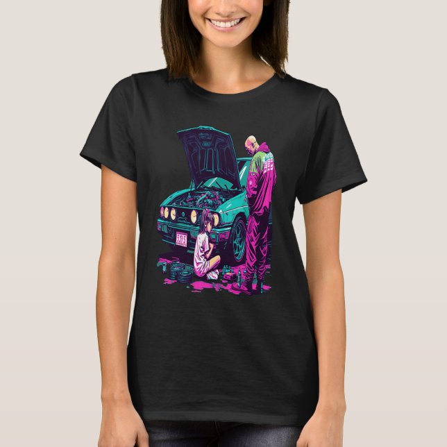 Camiseta Dad and Daughter Fixing Car Retro Pop Car Mechanic (Anverso)