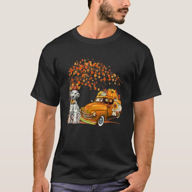 Camiseta Dalmatian Wearing Hat Fall Tree Pickup Truck Pumpk (Anverso)