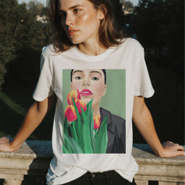 Camiseta Dama con tulipán verde y Naranja gráfico moderno