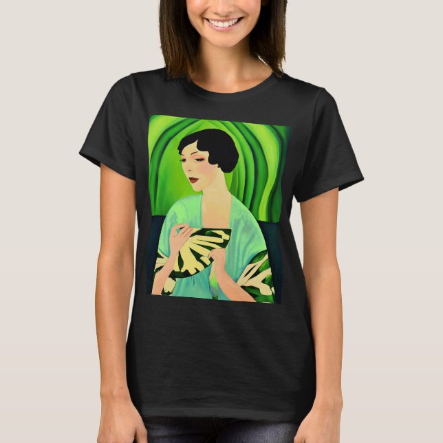 Camiseta Dama de Art Deco con ventilador en verde jade (Anverso)