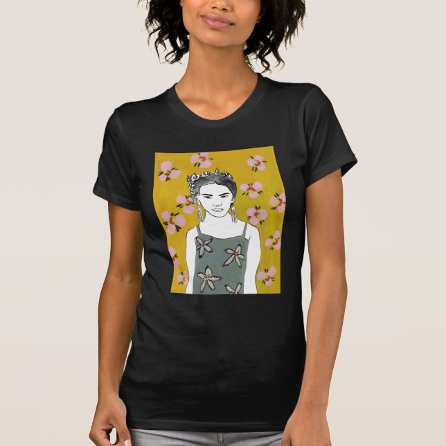 Camiseta Dama de flores rosadas - Amarillo (Anverso)