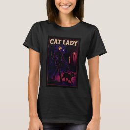 Camiseta Dama de gatos con arte cómico en negro y noche de 