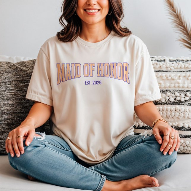 Camiseta Dama de honor de rayas naranja y beige navy  (Personalize with names, dates, locations or events.)