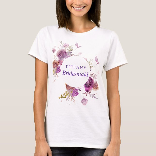 Camiseta Dama de honor floral de la acuarela púrpura (Anverso)