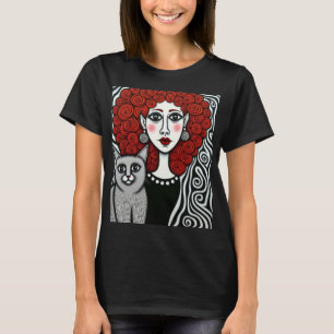 Camiseta Dama gótica y gato pelo espiral rojo negro blanco