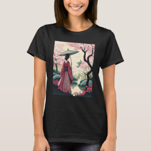 Camiseta Dama japonesa con paraguas Pagoda flor de cerezo 