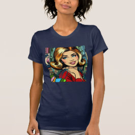 Camiseta Dama Retro con bolsas de compras a mediados del si