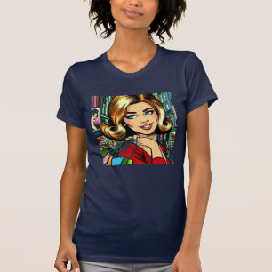 Camiseta Dama Retro con bolsas de compras a mediados del si
