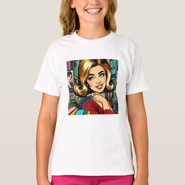 Camiseta Dama Retro con Bolsas de Compras de Mitad de Siglo (Anverso)