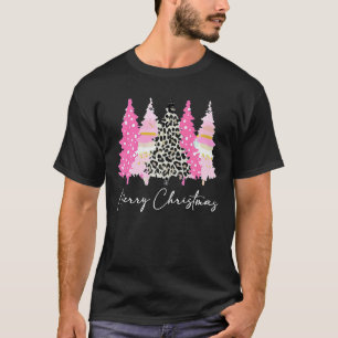Camiseta Damas Feliz Navidad Árboles rosas Cute de leopardo