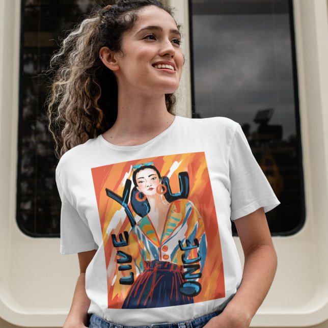 Camiseta Damas que vives una vez Naranja Blue Printic (A trendy T-shirt with big orange graphic fashion lady that says positive message "You Live Once".)