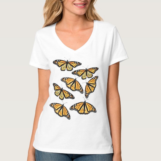 Camiseta Damas V Tee de cuello de muchos monarcas (Anverso)