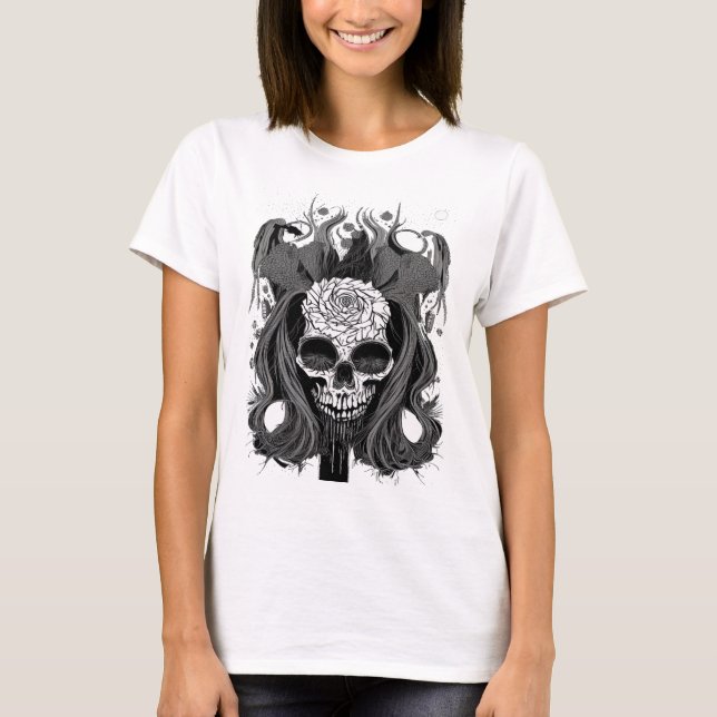 Camiseta "Dark Floral Skull with Mystical Accents" (Anverso)