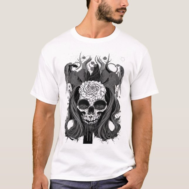 Camiseta "Dark Floral Skull with Mystical Accents" (Anverso)