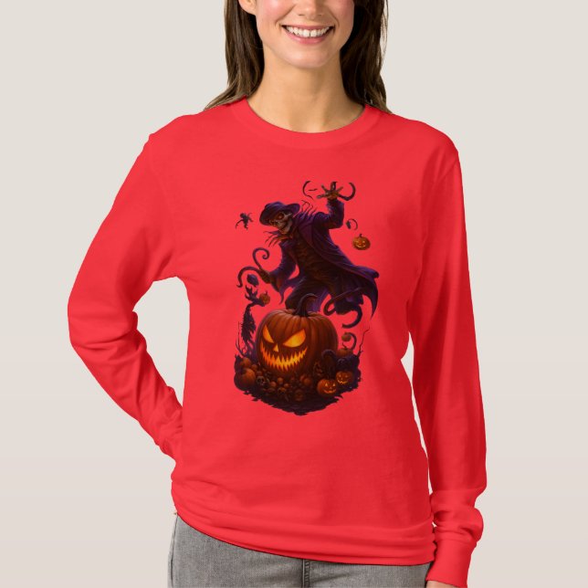 Camiseta Dark Pumpkin Reaper – Creepy Halloween Skeleton Ar (Anverso)