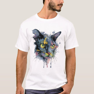 Camiseta Dark Watercolor Cat Face Neon Eyes Art