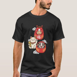 Camiseta Daruma afortunado Caballo Maneki Neko Lindo Granja