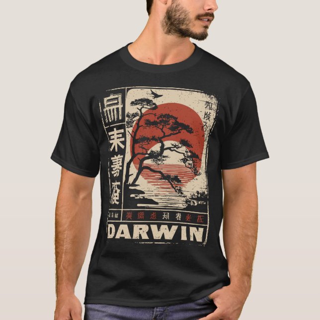 Camiseta Darwin Evolution Arte científico del Sol Rojo Japo (Anverso)