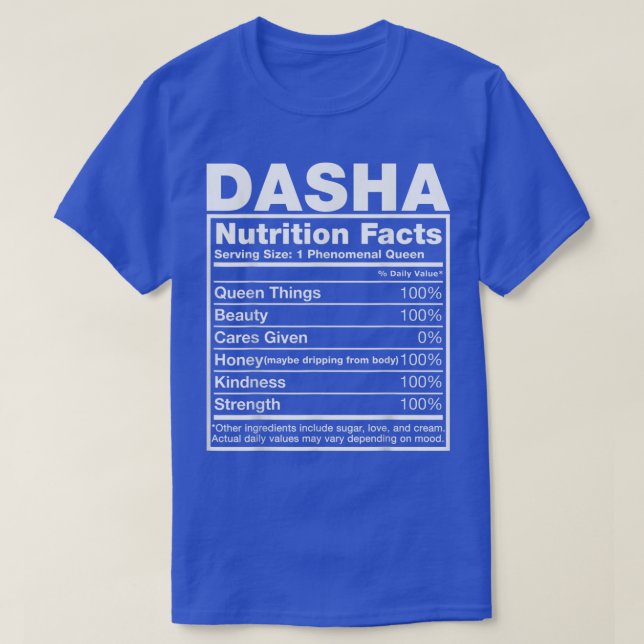 Camiseta Dasha Nutrition FactsDasha Nombre Cumpleaños (Diseño del anverso)