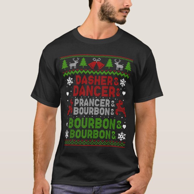 Camiseta Dasher Dancer Prancer Bourbon Ugly Christmas Santa (Anverso)