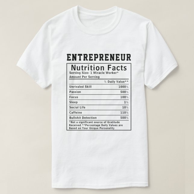 Camiseta Datos Nutricionales Divertidos para Emprendedores  (Diseño del anverso)