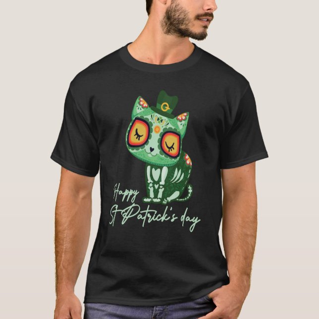 Camiseta Day of Dead Sugar Skull Cat Leprechaun Hat St Patr (Anverso)