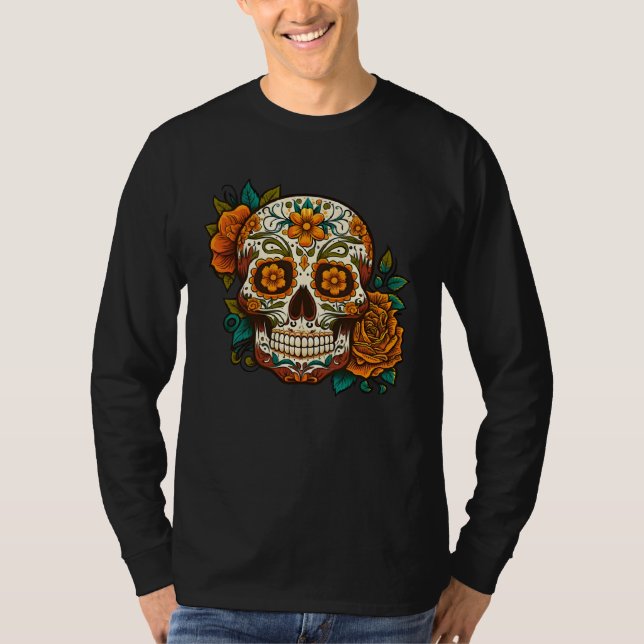 Camiseta Day Of Dead Sugar Skull Floral Skeleton Head Bone  (Anverso)