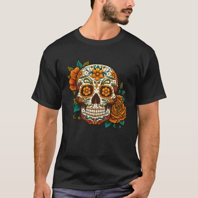 Camiseta Day Of Dead Sugar Skull Floral Skeleton Head Bone  (Anverso)