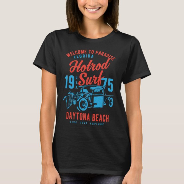 Camiseta Daytona Beach Florida Retro Hotrod Surf Distressed (Anverso)